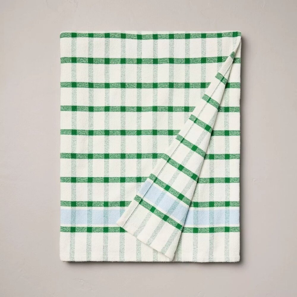 Hearth & Hand Magnolia Checkered Plaid‎ Woven Throw Blanket Cream Lt Blue Green